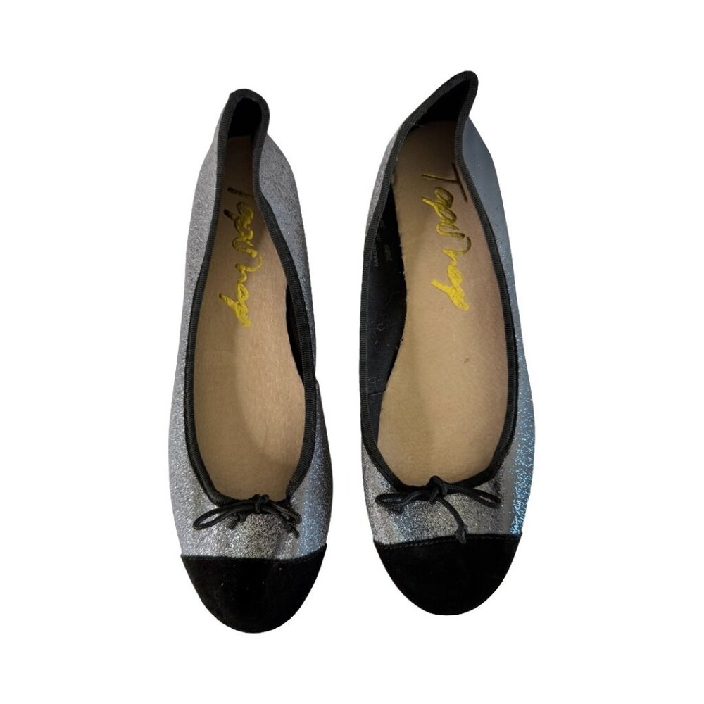 Topshop Glitter Ballet Flats – Silver & Black Bow, Size 38 (Fits Like US 7)